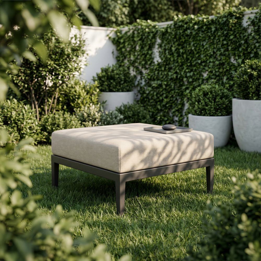 Outdoor Ottoman Beige Cushion and Black Powder Coated Aluminum Frame