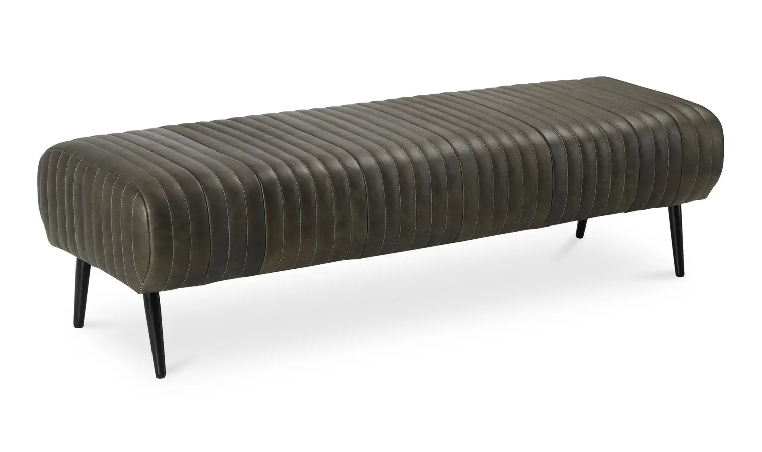 Ribbed Quilted Deep Olive Leather Tapered Brass Legs Long Bench