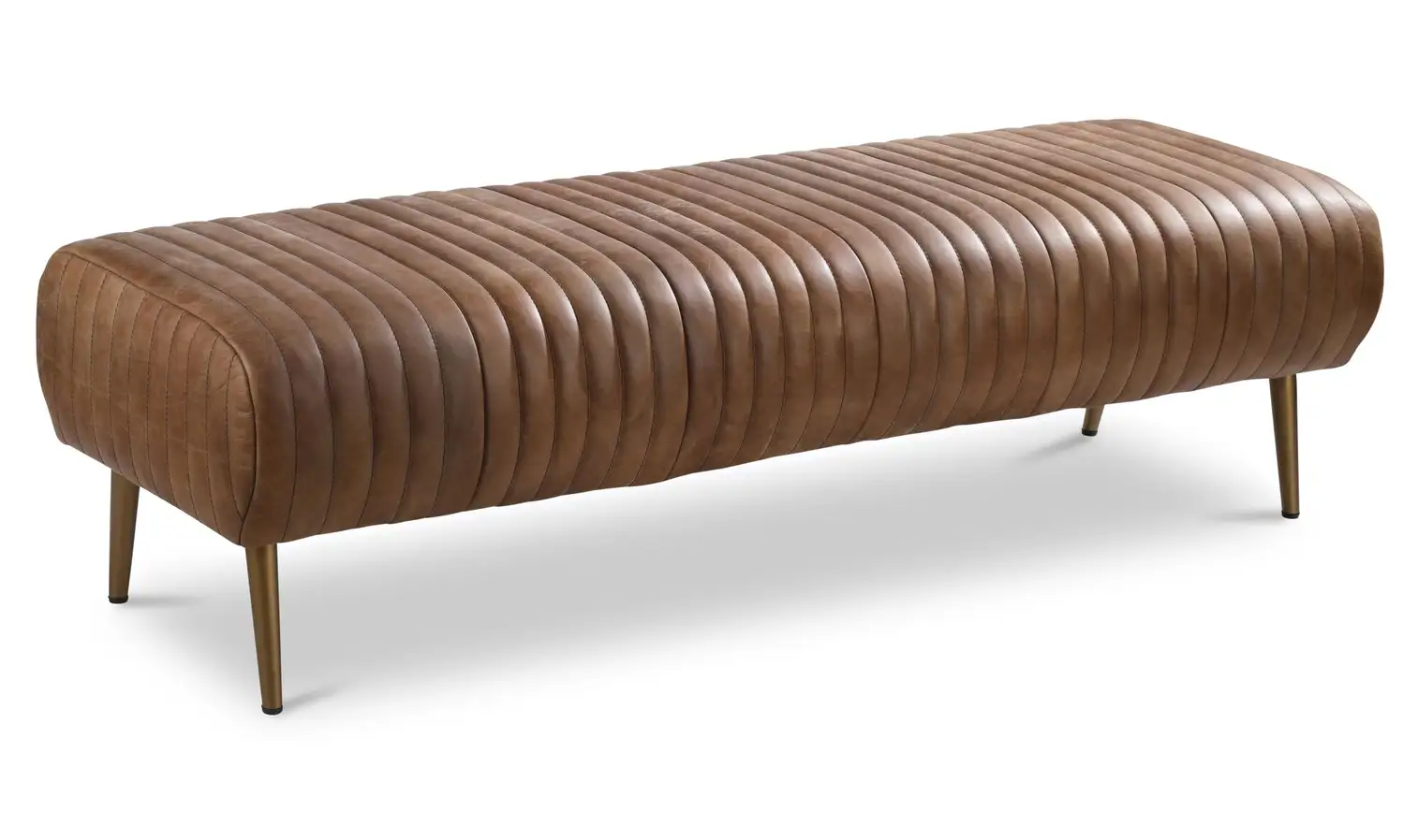 Ribbed Quilted Brown Leather Tapered Brass Legs Long Bench