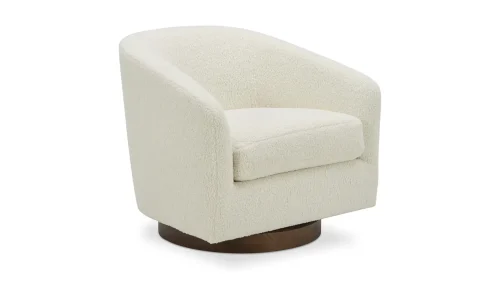 White Shearling Fabric Wood Base Swivel Chair