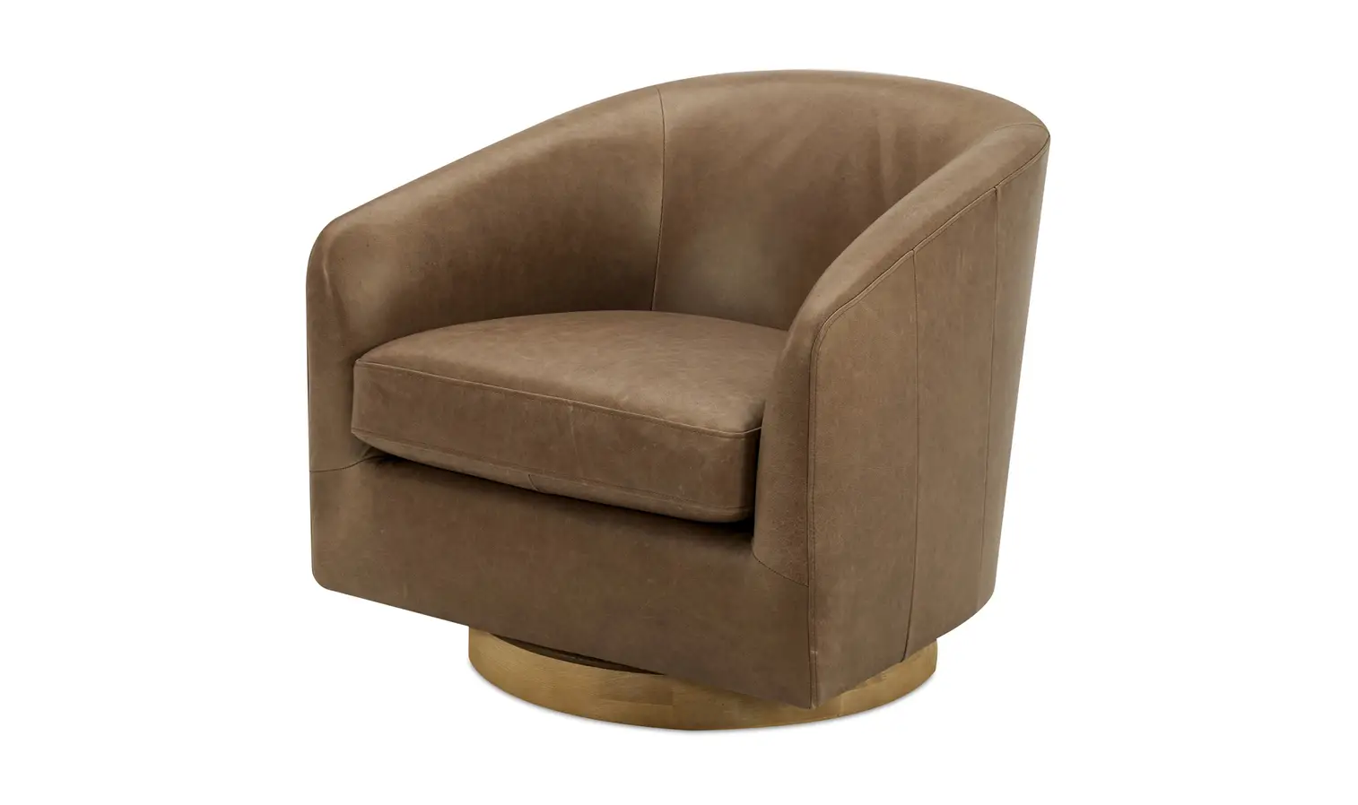 Tan Brown Leather Fabric Wood Base Swivel Chair