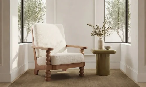 Off White Fabric Turned Legs Acacia Wood Relaxing Accent Chair