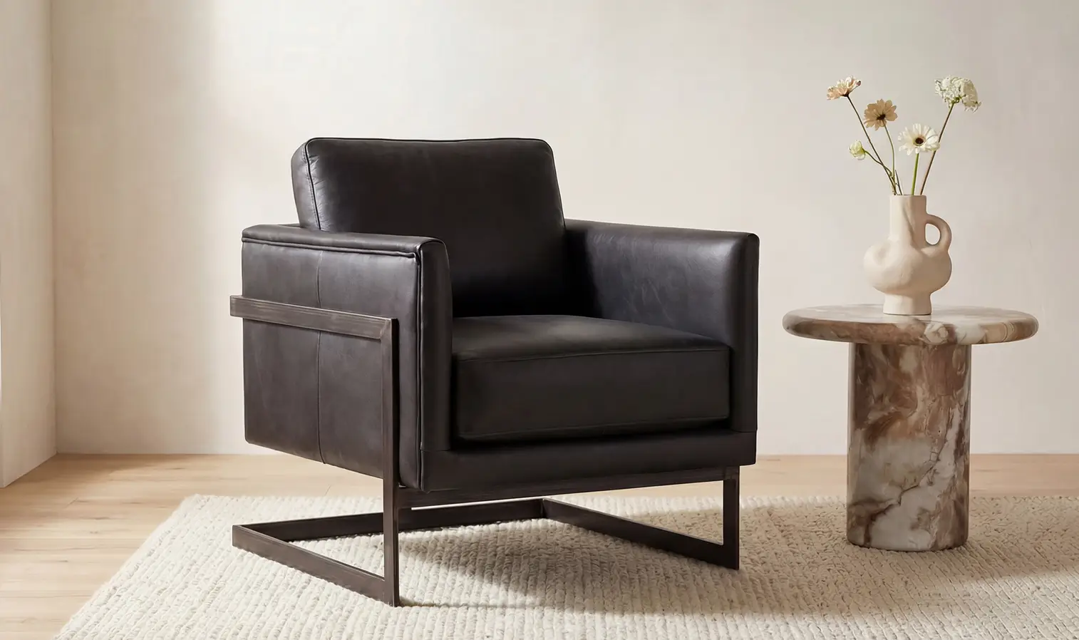 Black Top Grain Leather Club Accent Chair Unique Iron Frame