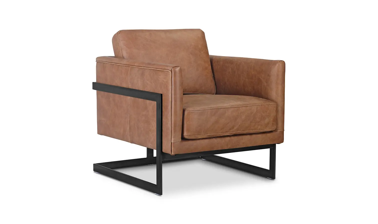 Tan Brown Top Grain Leather Club Accent Chair Unique Iron Frame