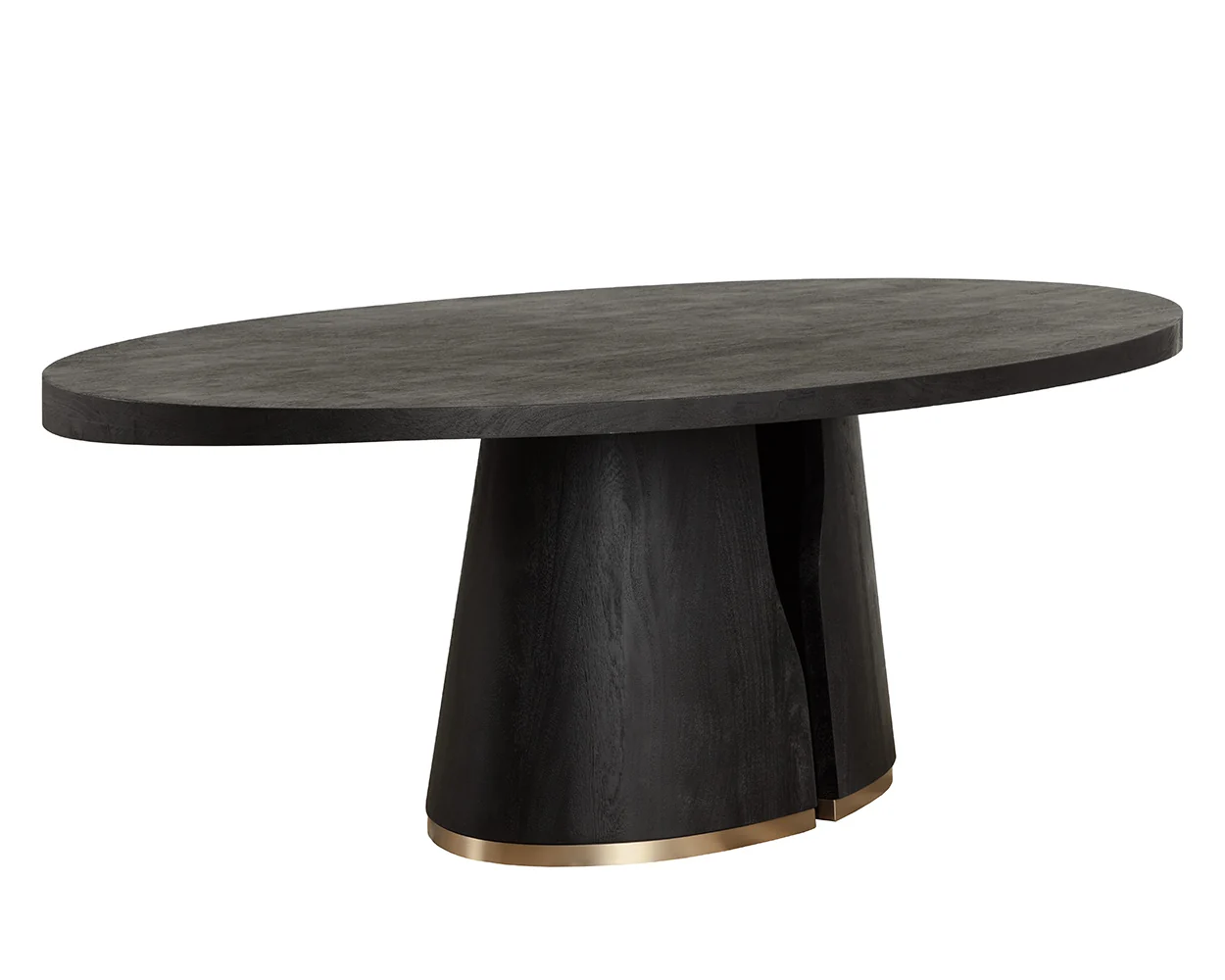 Detail of the black acacia wood grain across the oval tabletop