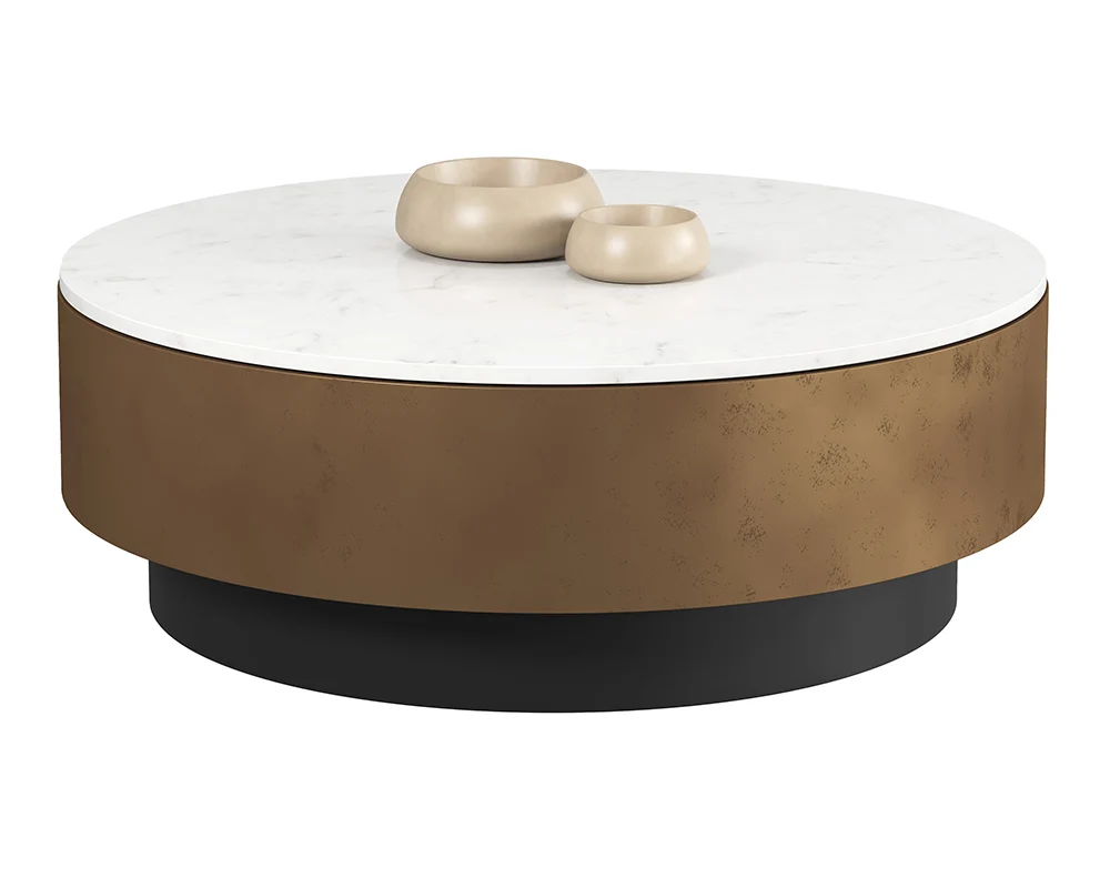 Round White Marble Top Steel Antique Brass Black Coffee Table