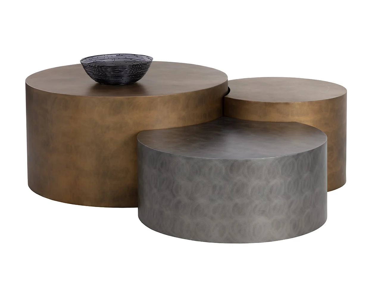 3 Staggered Heights Antique Brass Nickel Round Coffee Table