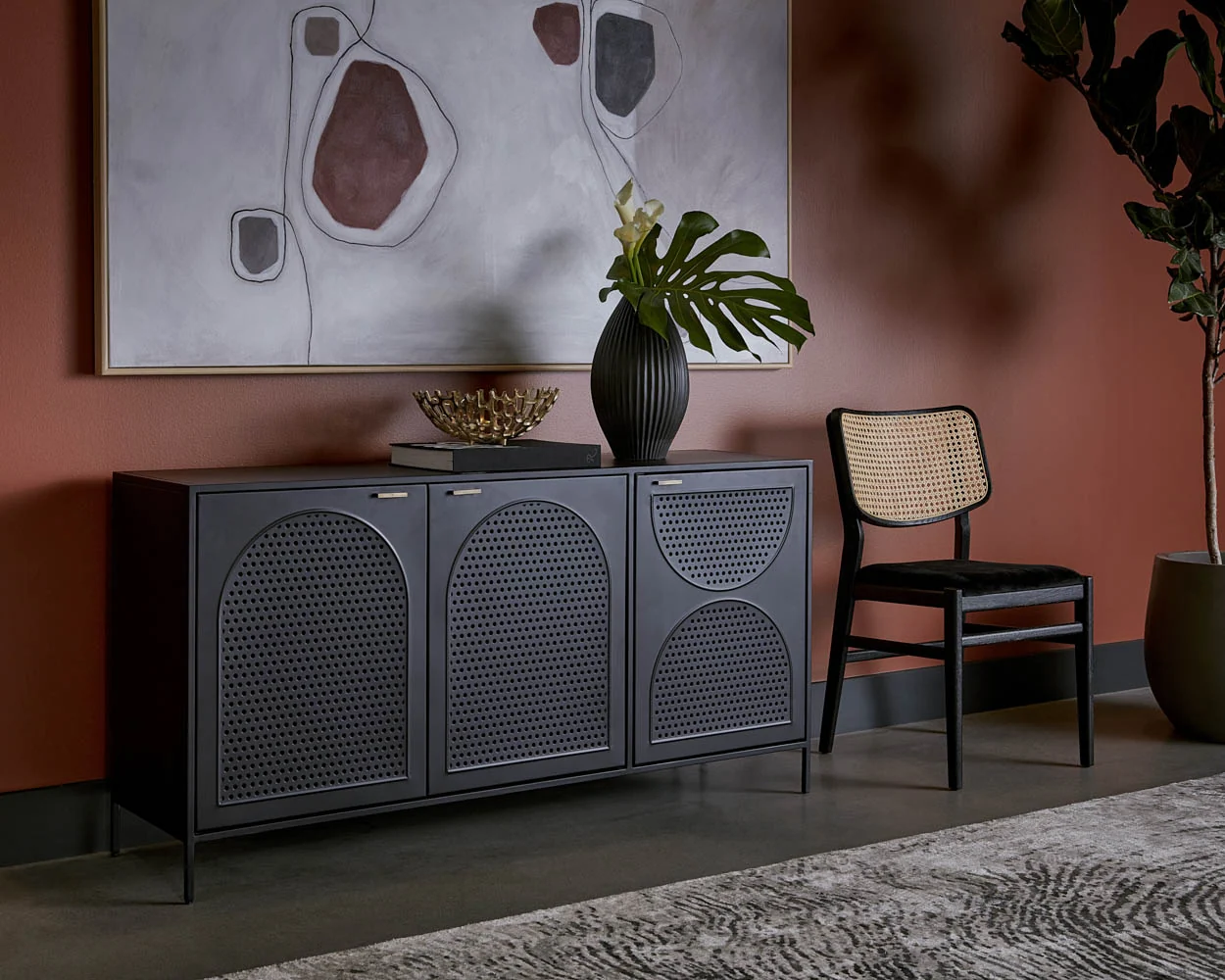 Black Metal Sideboard Cabinet Arched Perforated Design
