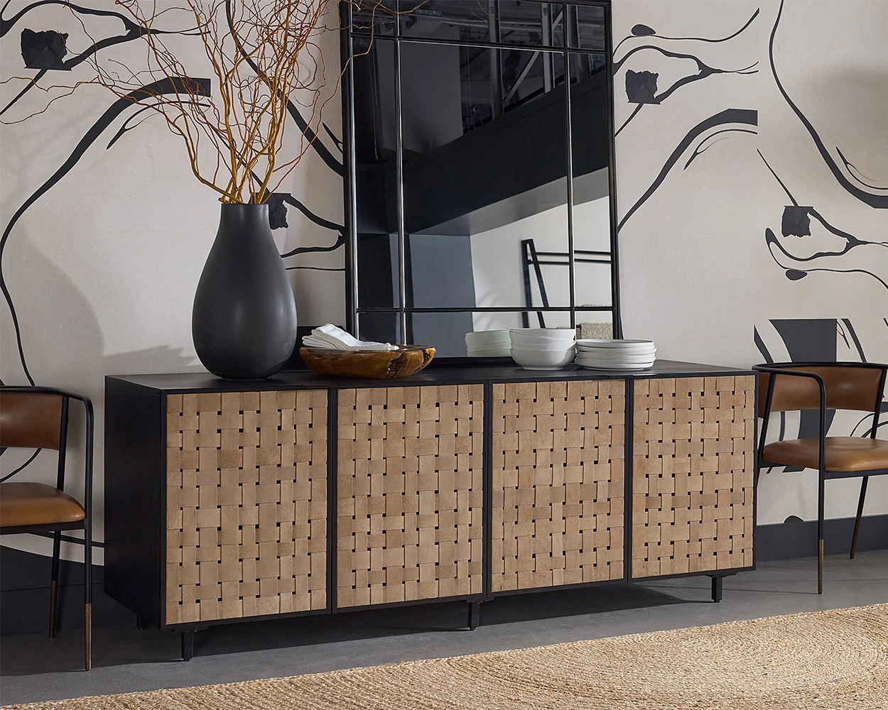Woven Tan Suede Doors Mango Wood Black Body Sideboard Cabinet
