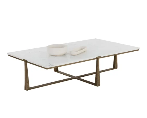 Rectangular White Marble Top Hammered Antique Brass Legs Coffee Table