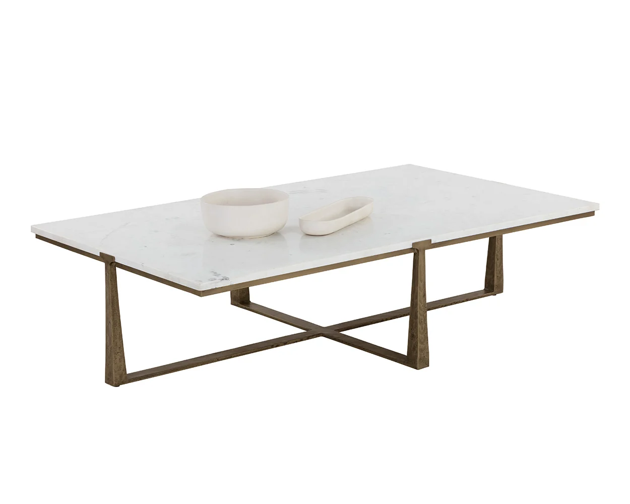 Rectangular White Marble Top Hammered Antique Brass Legs Coffee Table