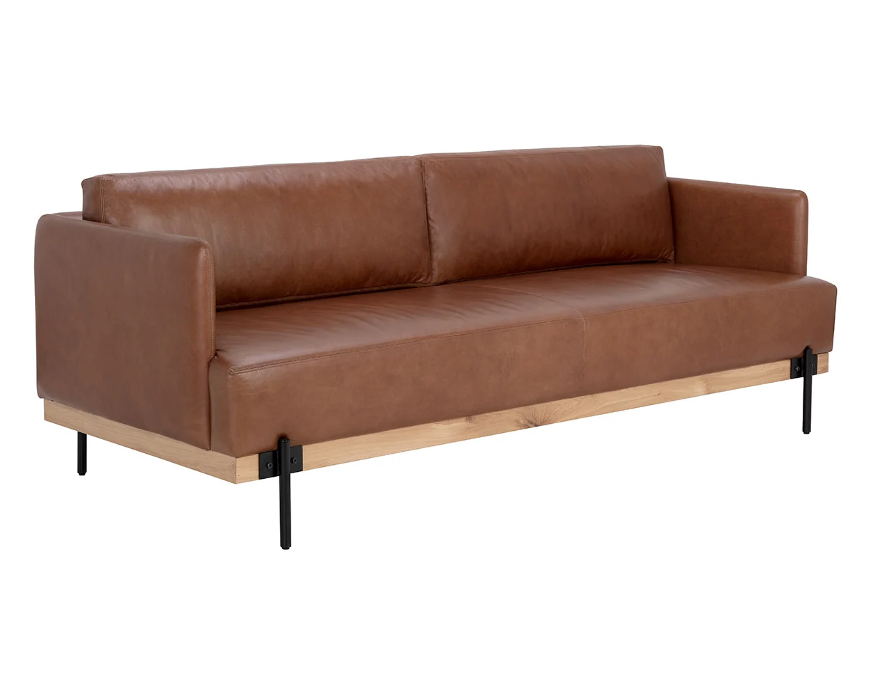 Tabacco Leather Industrial Wood Black Metal Sofa