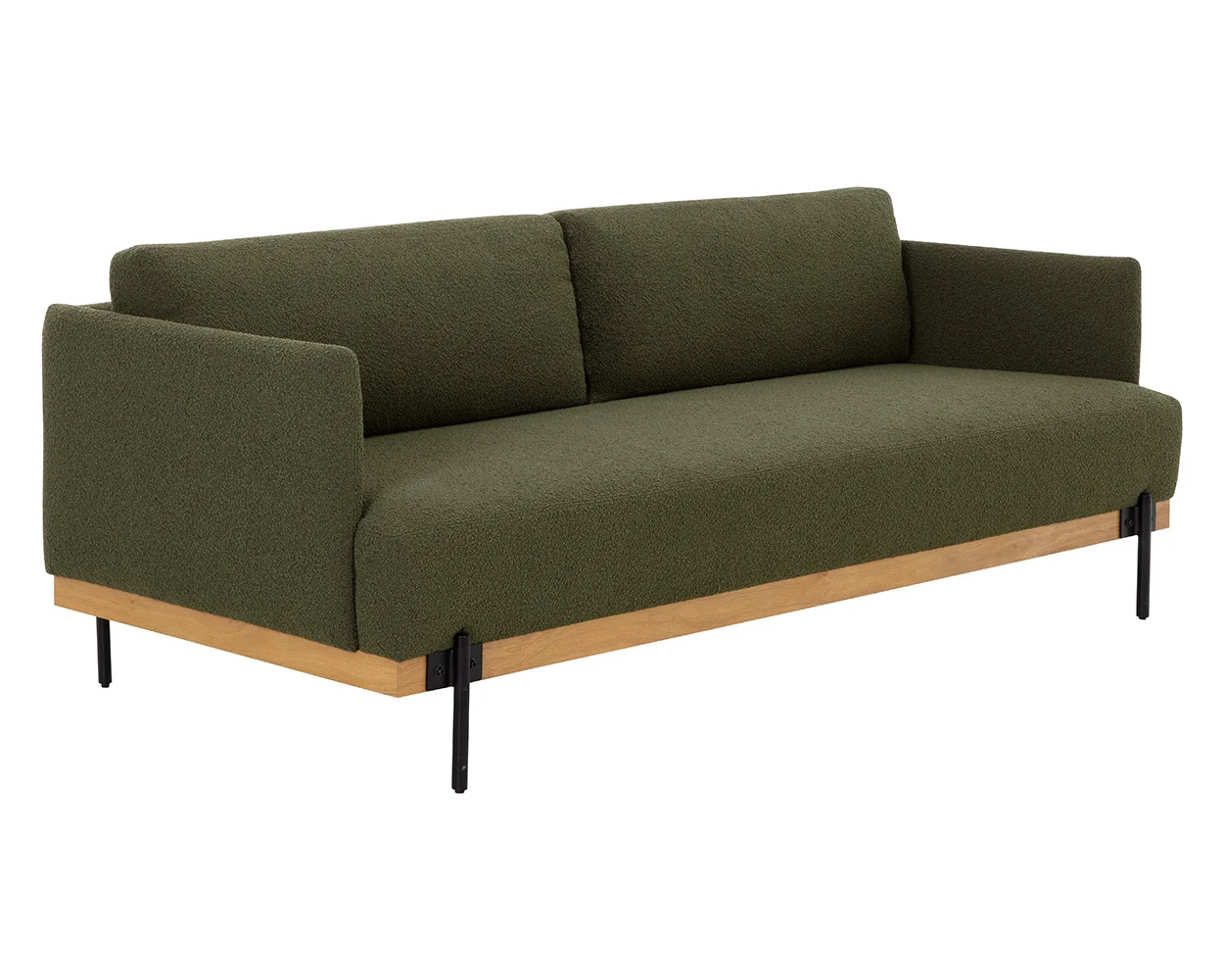 Olive Green Boucle Fabric Industrial Wood Black Metal Sofa