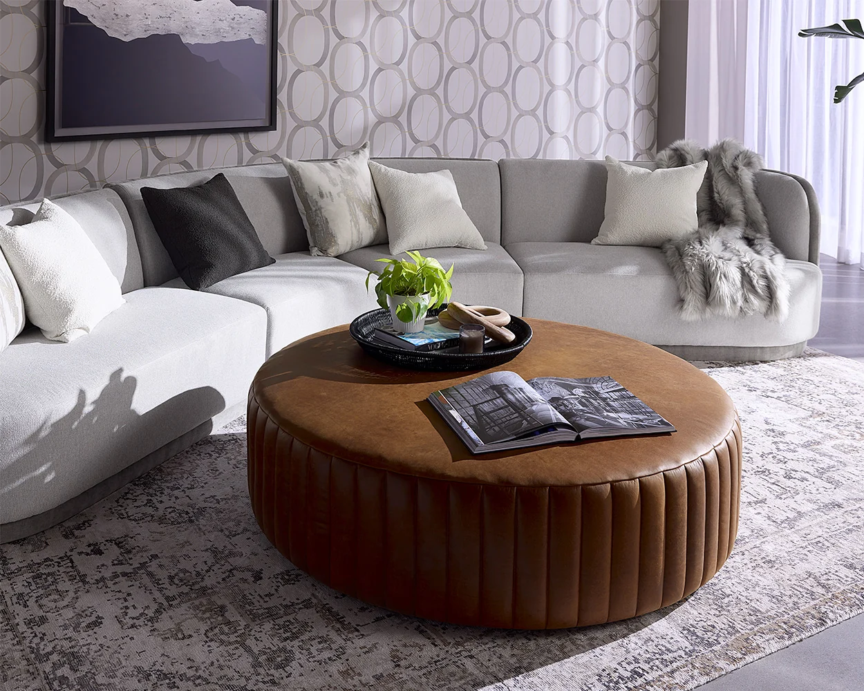 Round Italian Leather Channel Tufted 60" Ottoman Coffee Table