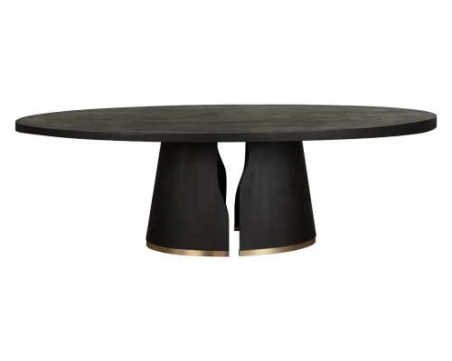 Black Solid Acacia Wood Pedestal Base Brushed Gold Trim Oval Dining Table