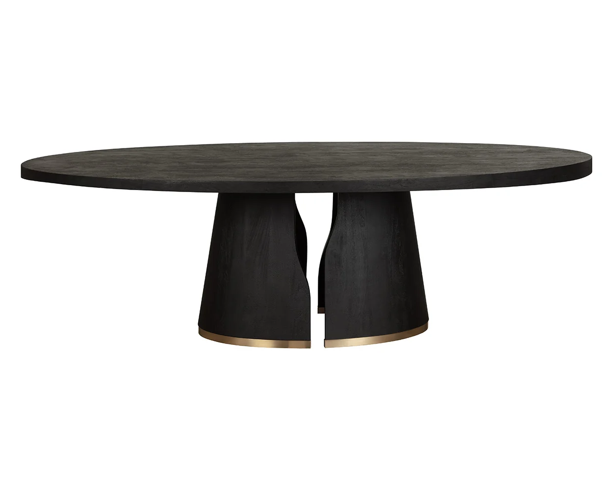 Black Solid Acacia Wood Pedestal Base Brushed Gold Trim Oval Dining Table