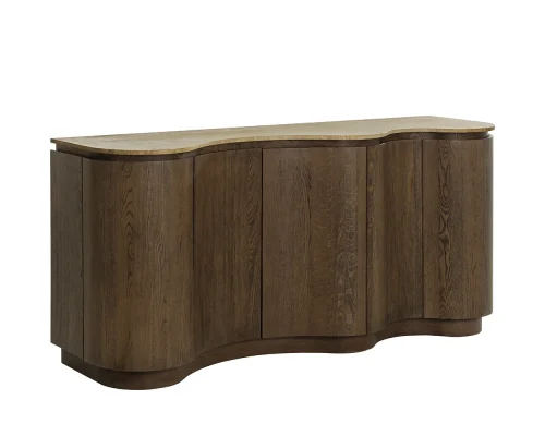 Gently Curved Solid Oak Travertine Top Sideboard Cabinet