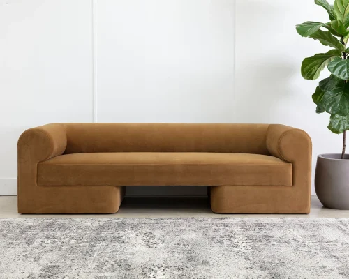 Golden Velvety Fabric Rounded Back Contemporary Sofa