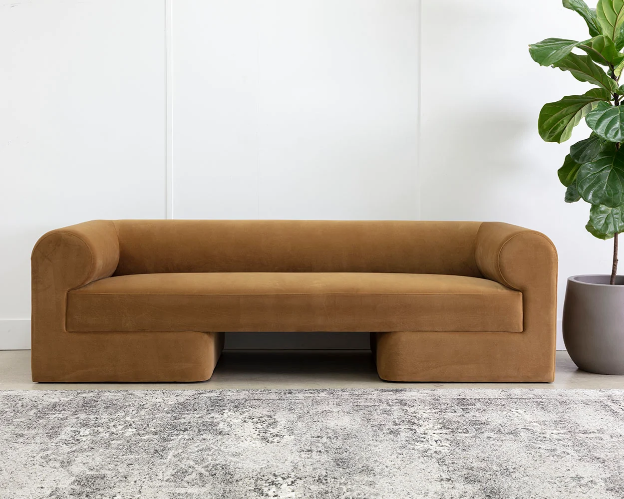 Golden Velvety Fabric Rounded Back Contemporary Sofa
