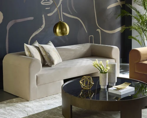 Taupe Velvety Fabric Rounded Back Contemporary Sofa